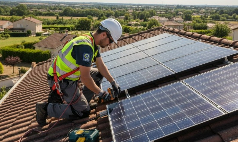 Couple de propriétaires français devant leur maison équipée de panneaux solaires combinés